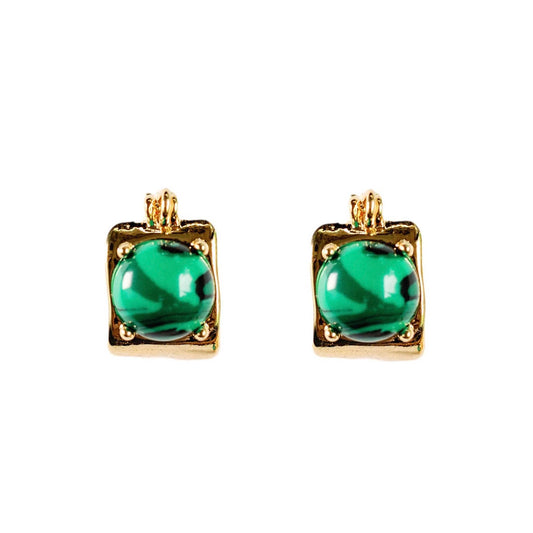 Vintage Mini Square Gold and Green Malachite Huggie Hoops