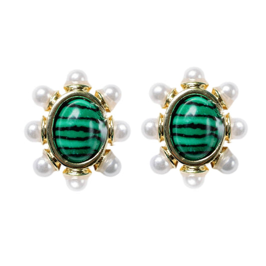 Green Malachite and Pearl Oval Stud Earrings