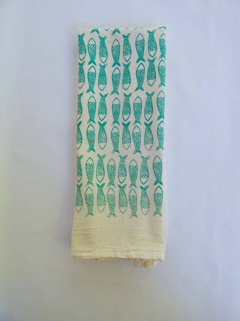 Handprinted Fish Kitchen Towel: Turquoise on Natural