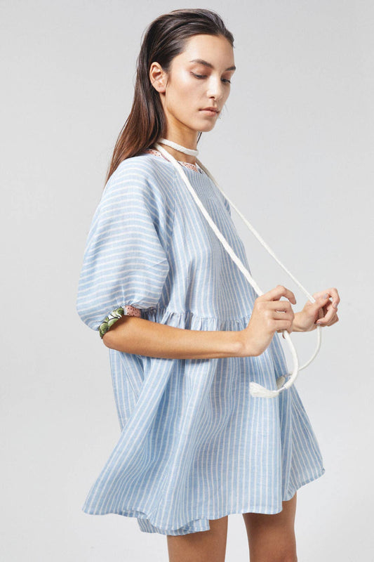 Alcala Linen Dress - Light Blue and White Stripes: One Size