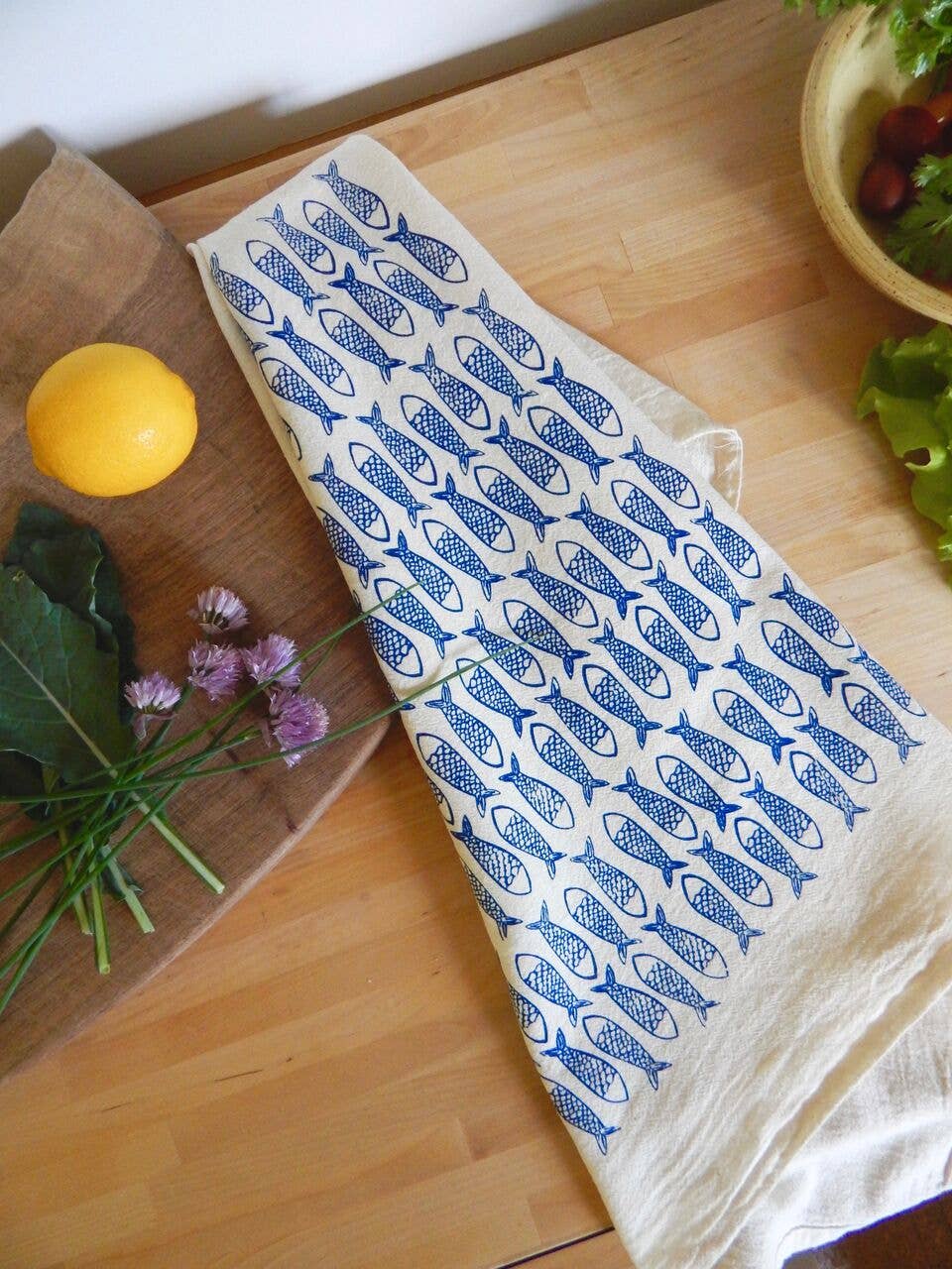 Handprinted Fish Kitchen Towel: Dark Blue on Natural