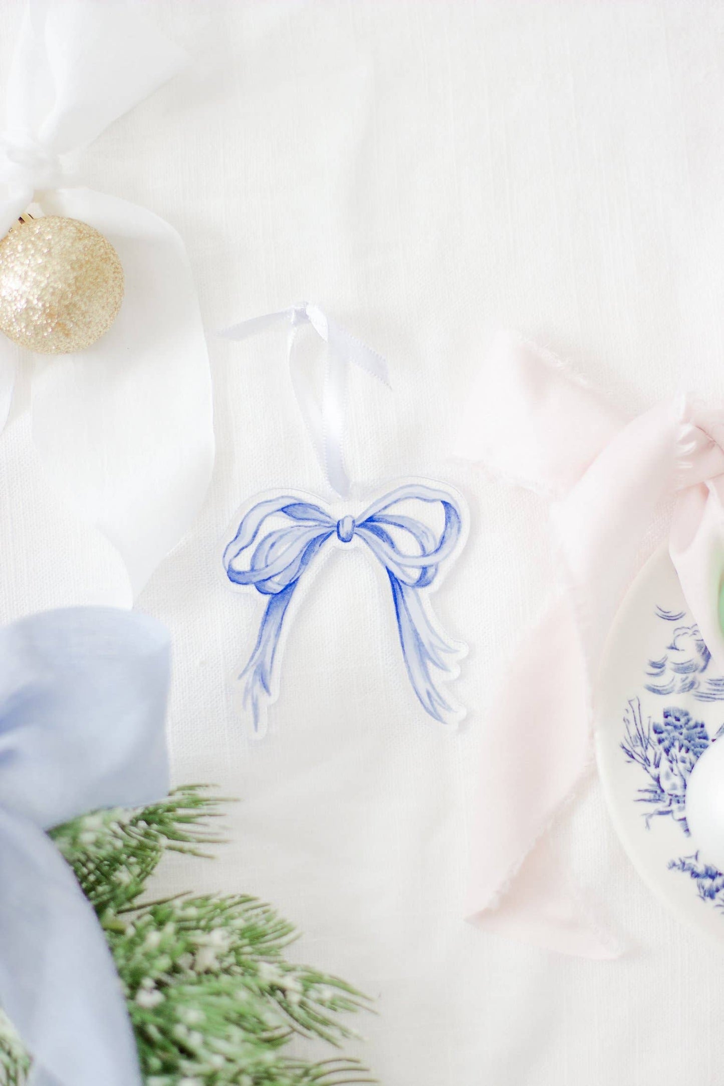 Blue and White Grandmillennial Bow Watercolor Ornament