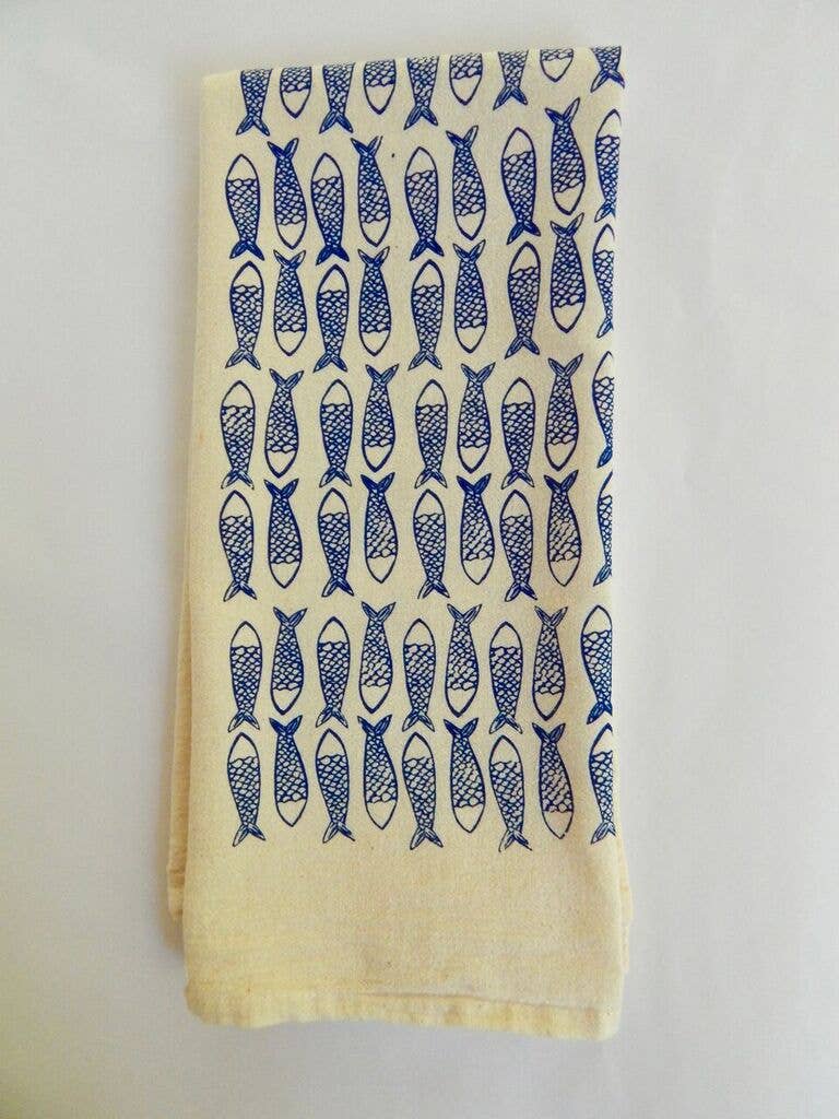 Handprinted Fish Kitchen Towel: Dark Blue on Natural