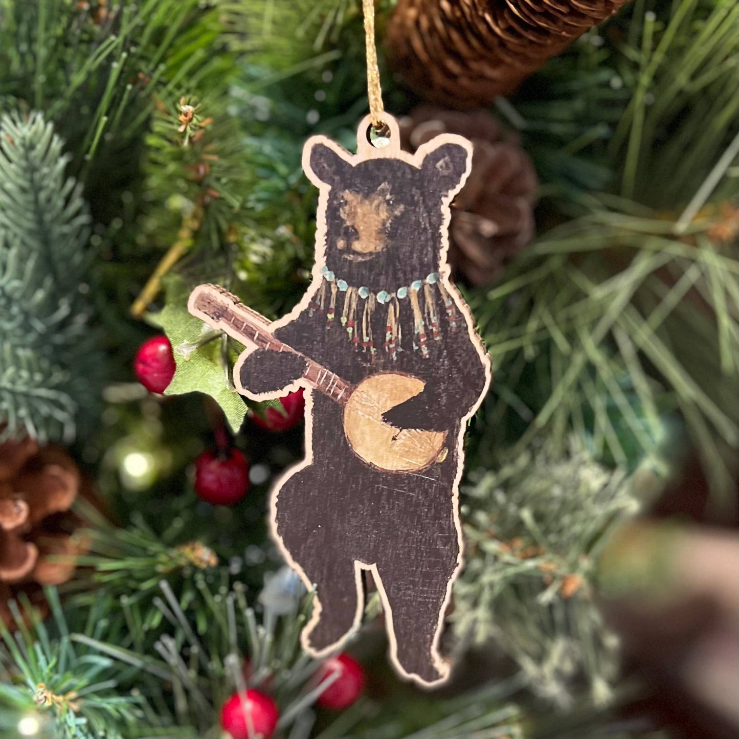 Wooden Banjo Bear Ornament