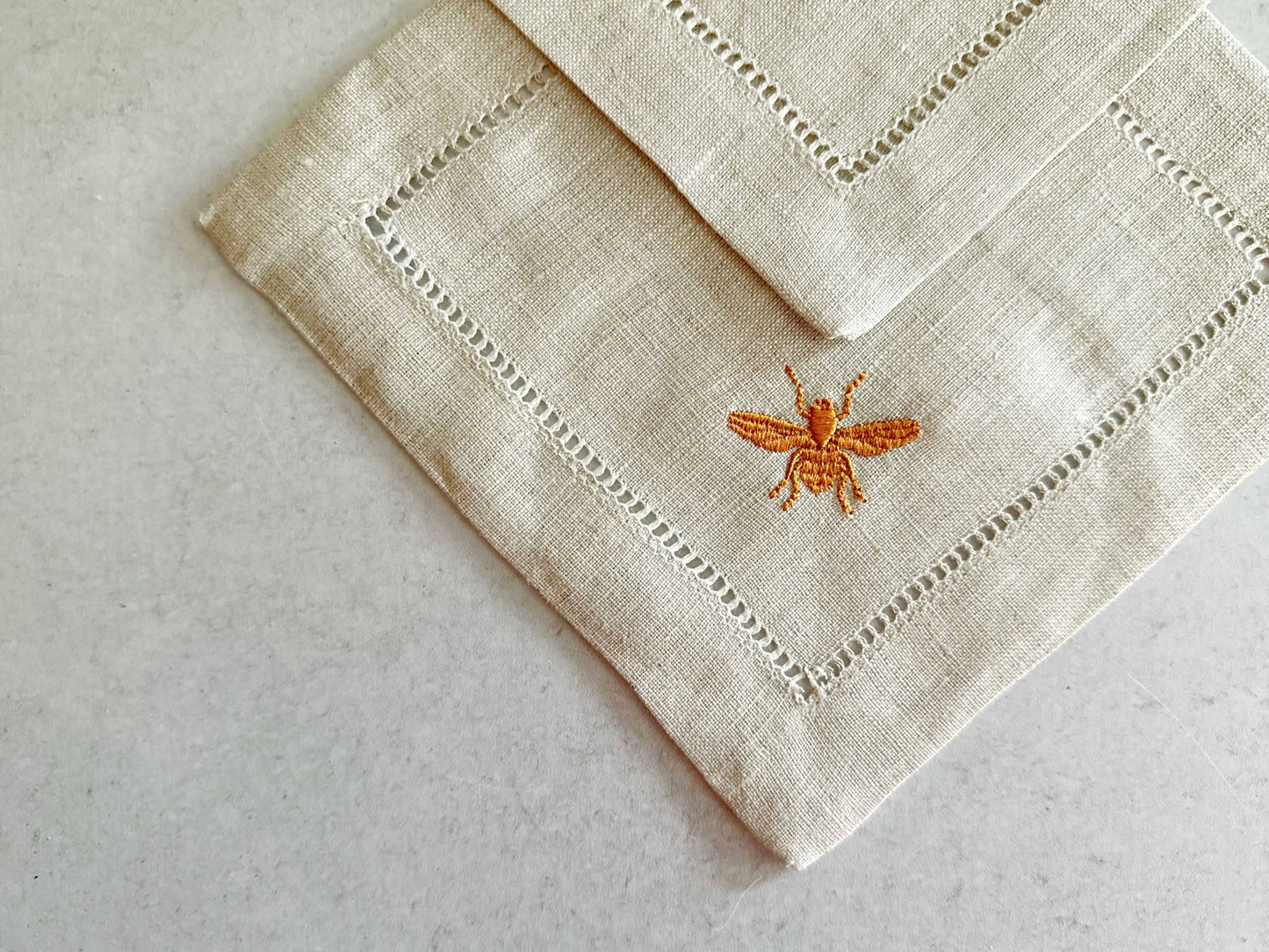 Embroidered Bee Linen Coasters, set of four: Honey