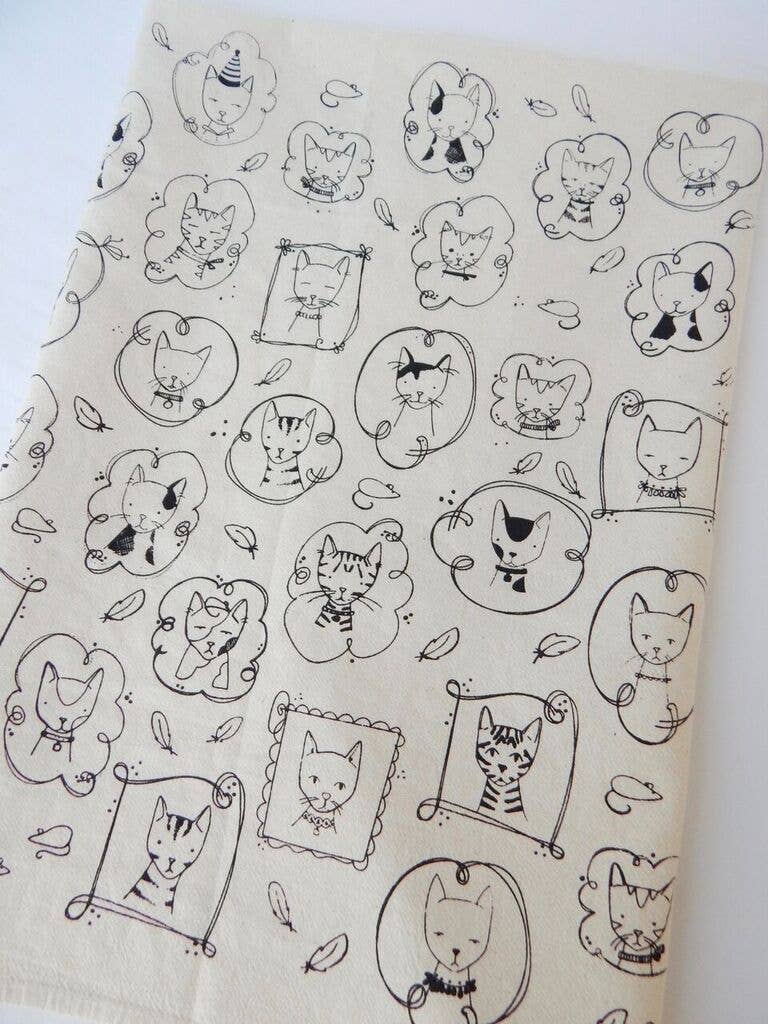 Handprinted Cat Kitchen Towel-Mustard on Natural