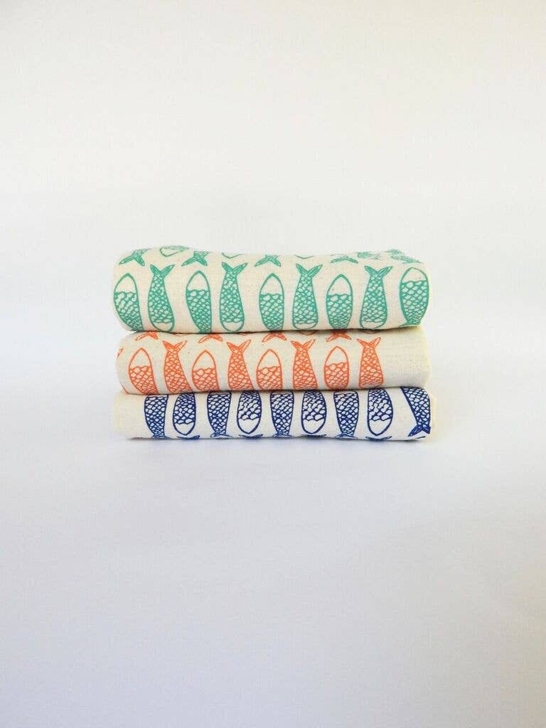 Handprinted Fish Kitchen Towel: Turquoise on Natural