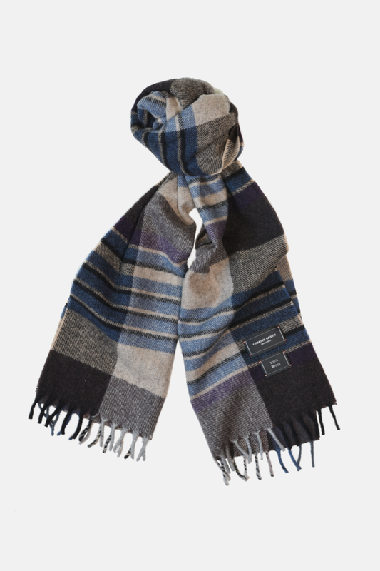 Grey, Purple, Blue, Beige Plaid Wool Scarf